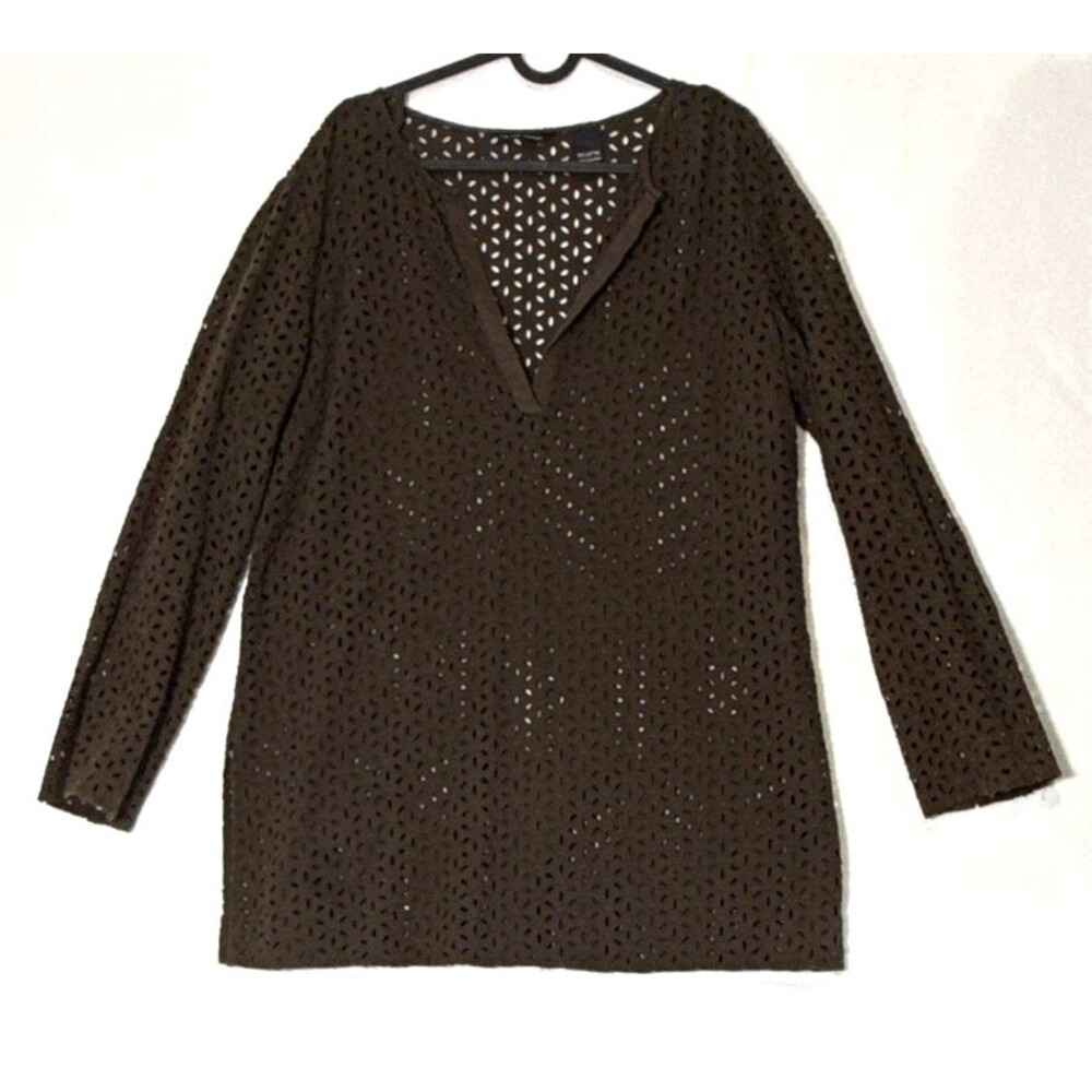 New York & Company Womens XL Brown Eyelet V-Neck 100% Cotton Tunic Top Boho Chic